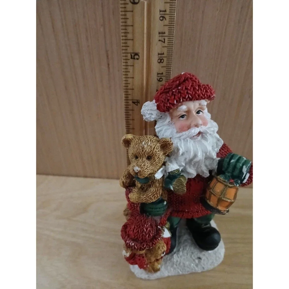 Santa Claus Christmas Figurine Holding Teddy Bear & Lantern Holiday Decoration